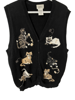 Vintage Tabi Black V-Neck Kitty Inspired Sweater Vest Size XL